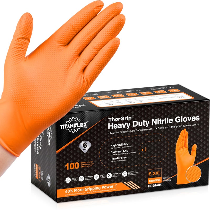 TitanFlex Heavy Duty Orange Nitrile Gloves  6 Mil  Large  Industrial Raised Diamond Texture  Work Gloves Disposable Latex Free  Powder Free  Chemical Resistant  Mechanic Gloves(Box of 100) - Image 1